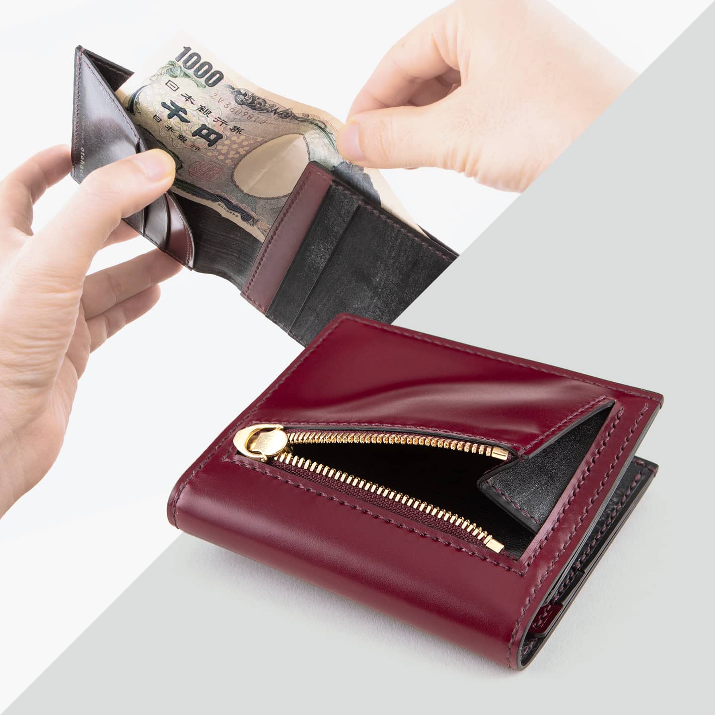アニリン染めコードバン & ブライドル 薄型二つ折り財布（小銭入れ付き）