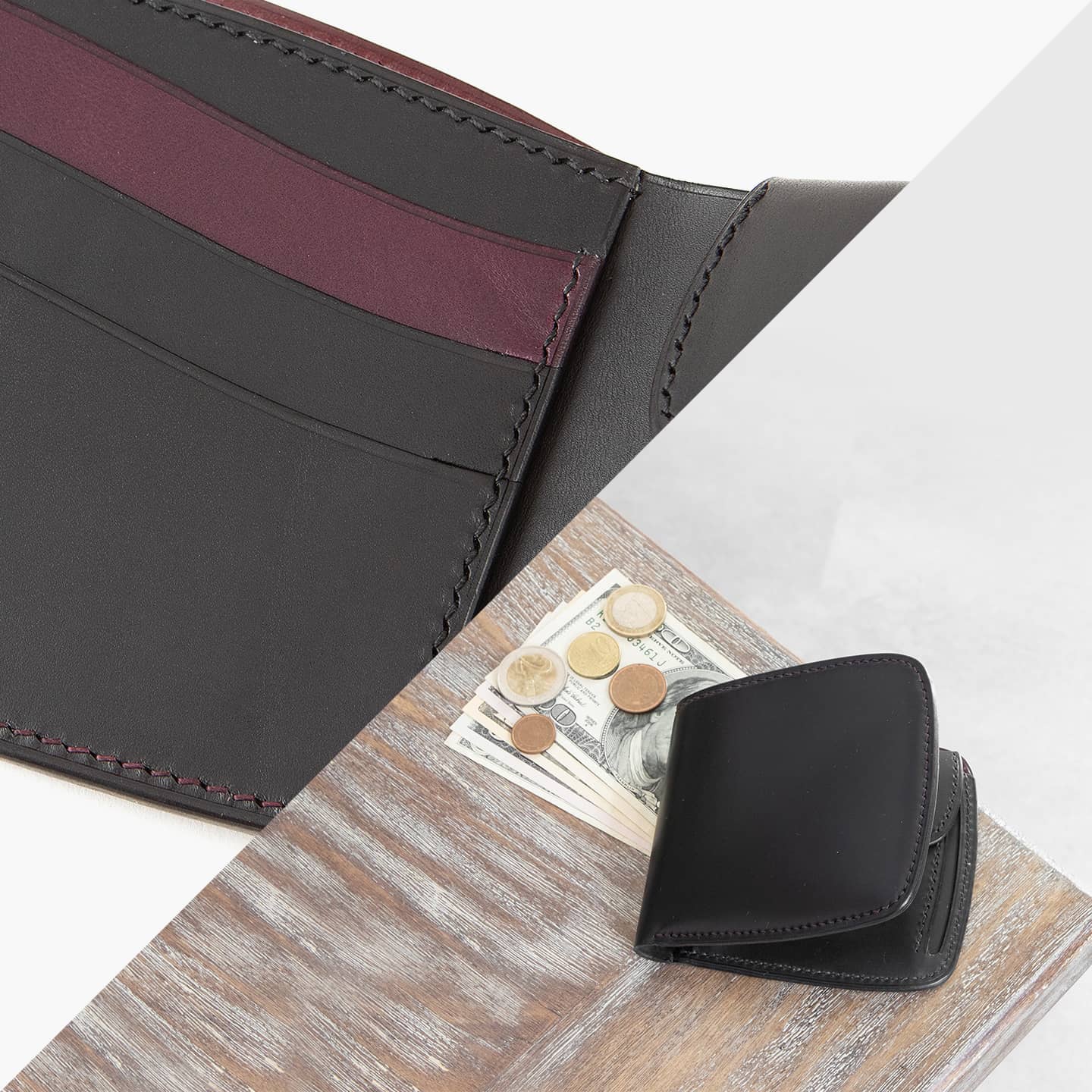 オイルグレージングコードバン & ブッテーロ シェル型二つ折り財布（小銭入れ付き）
