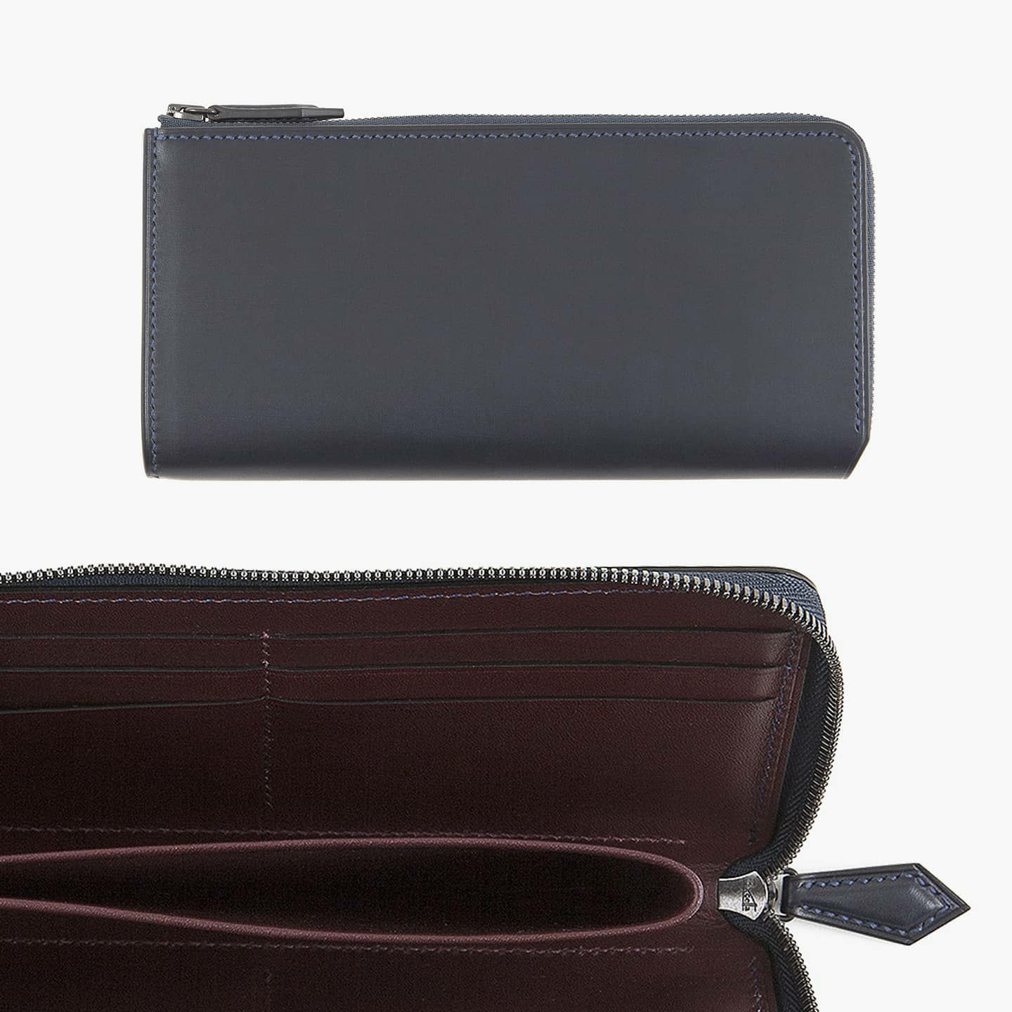 外装（ブリランテ）：Navy、内装（国産牛革）：Bordeaux、ファスナー：Black