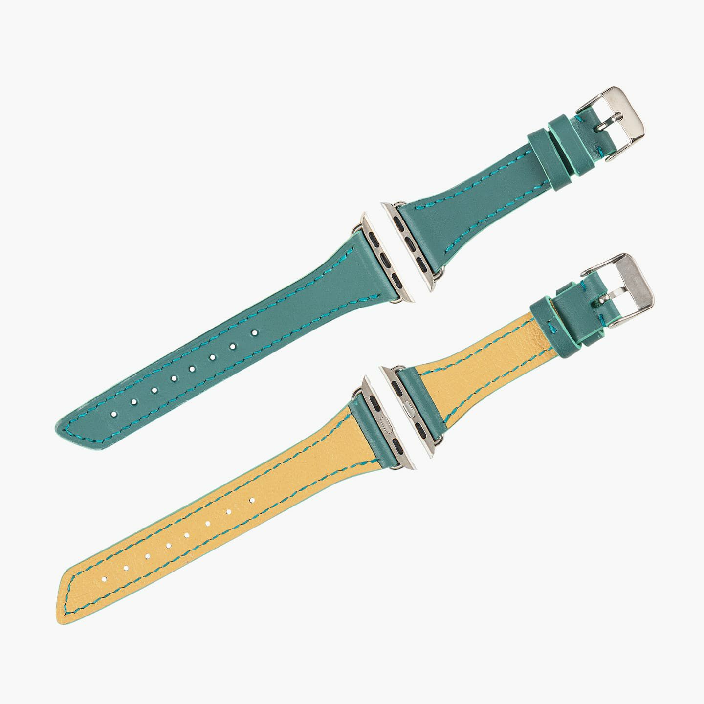 Apple Watch ケースサイズ：38 - 41 mm、表面（ブッテーロ）：Turquoise、裏面（シェーブル）：Flave、アダプター & 尾錠：Silver