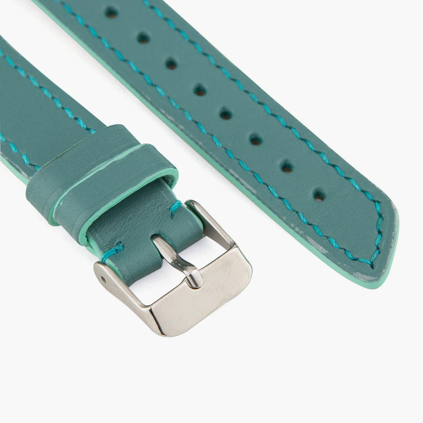Apple Watch ケースサイズ：38 - 41 mm、表面（ブッテーロ）：Turquoise、裏面（シェーブル）：Flave、アダプター & 尾錠：Silver