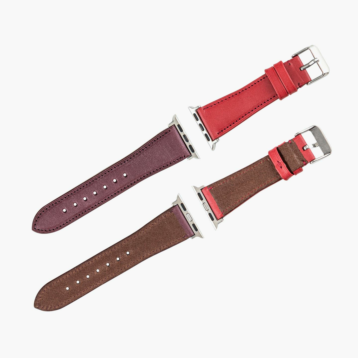 Apple Watch ケースサイズ：38 - 41 mm、腕周りサイズ：SM、表面 親（ロロマ）：Papabero、糸色（親）：Papabero、表面 剣先（ロロマ）：Prugna、糸色（剣先）：Prugna、裏面（豚革）：Brown、アダプター ＆ 尾錠：Silver