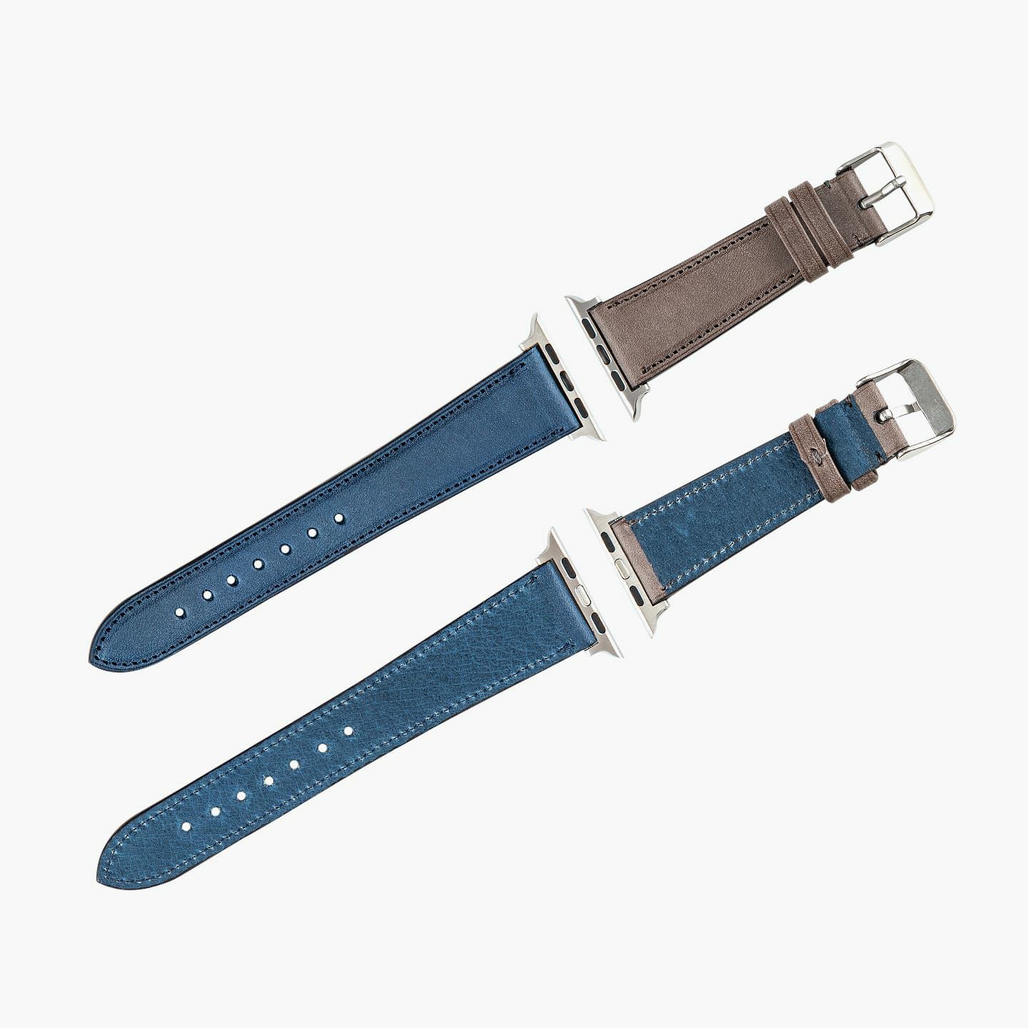 Apple Watch ケースサイズ：42 - 49 mm、腕周りサイズ：ML、表面 親（ロロマ）：Grigio、糸色（親）：Grigio、表面 剣先（ロロマ）：Blue、糸色（剣先）：Blue、裏面（豚革）：Blue、アダプター ＆ 尾錠：Silver