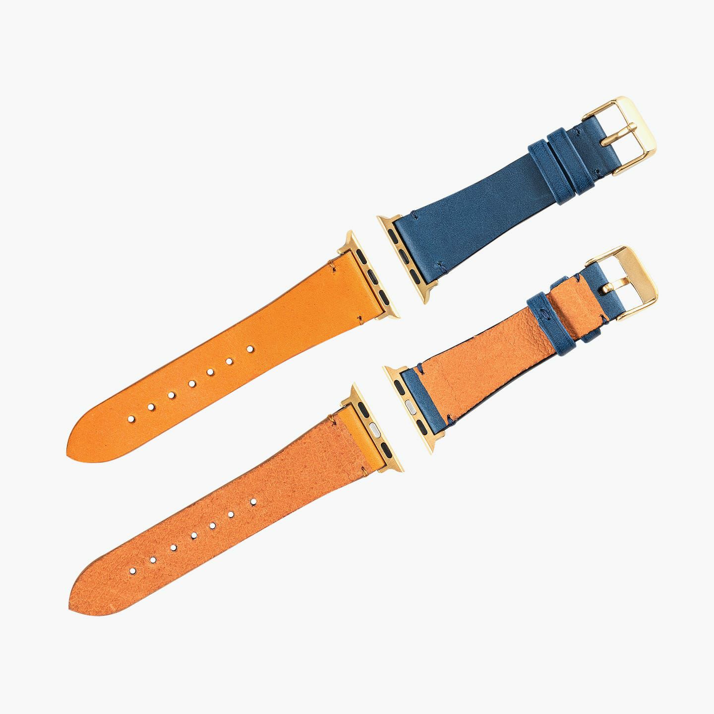 Apple Watch ケースサイズ：38 - 41 mm、腕周りサイズ：SM、表面 親（ロロマ）：Blue、糸色（親）：Blue、表面 剣先（ロロマ）：Napori、糸色（剣先）：Napori、裏面（豚革）：Camel、アダプター ＆ 尾錠：Gold