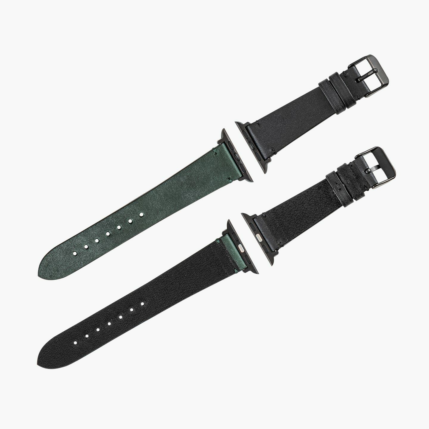 Apple Watch ケースサイズ：42 - 49 mm、腕周りサイズ：ML、表面 親（ロロマ）：Black、糸色（親）：Black、表面 剣先（ロロマ）：Green、糸色（剣先）：Green、裏面（豚革）：Black、アダプター ＆ 尾錠：Black