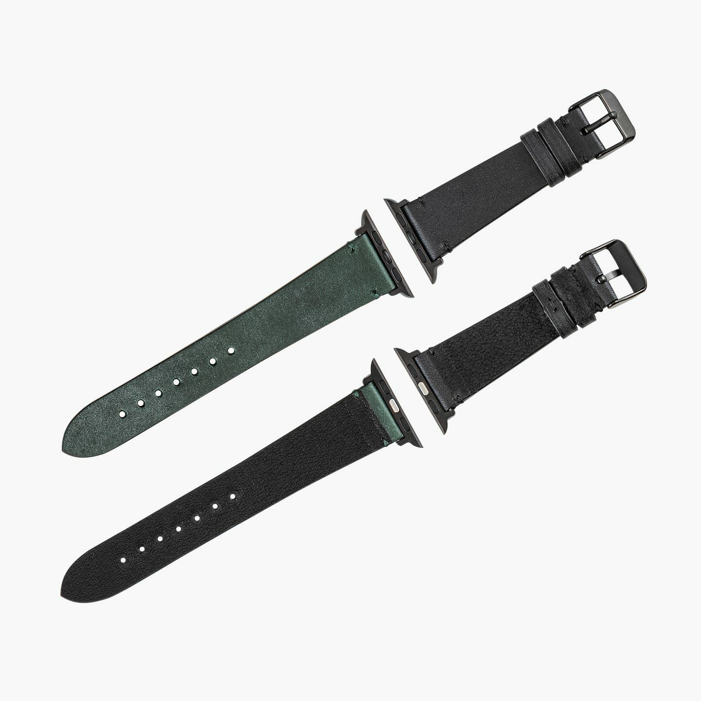 Apple Watch ケースサイズ：42 - 49 mm、腕周りサイズ：ML、表面 親（ロロマ）：Black、糸色（親）：Black、表面 剣先（ロロマ）：Green、糸色（剣先）：Green、裏面（豚革）：Black、アダプター ＆ 尾錠：Black