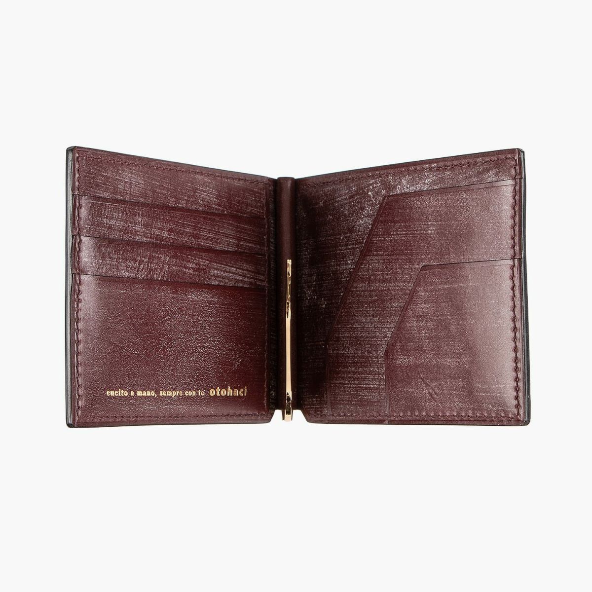 外装表面（コードバン）：Choco、外装背面・内装（ブライドル）：Wine、金具：Gold、小銭入れ（外装背面）：有