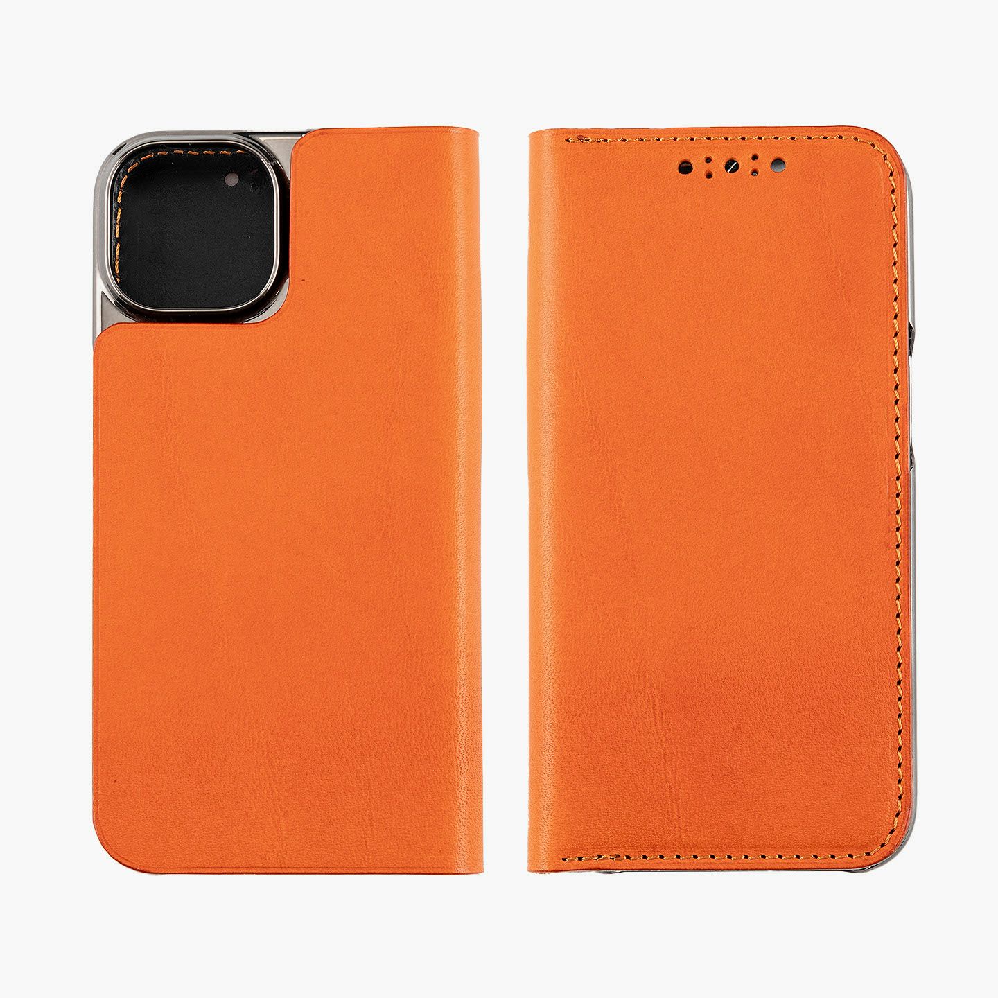iPhone 15、外装（ブッテーロ）：Orange、内装（ブッテーロ）：Black、フラップ無 ／ Dカン無