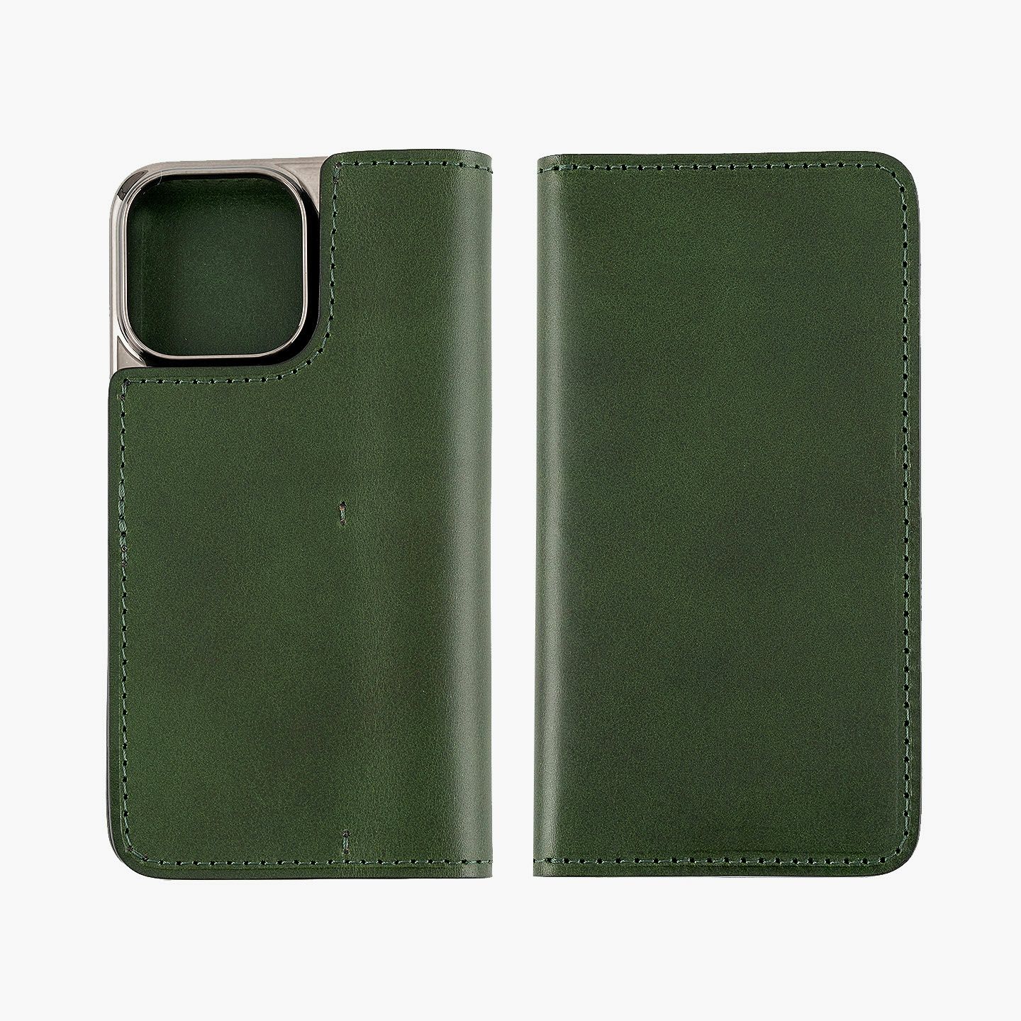 iPhone15 Pro Max、Color（ブッテーロ）：Green、内装ポケット装飾：無（外装・内装と同じ）、フラップ（マグネット式）：無