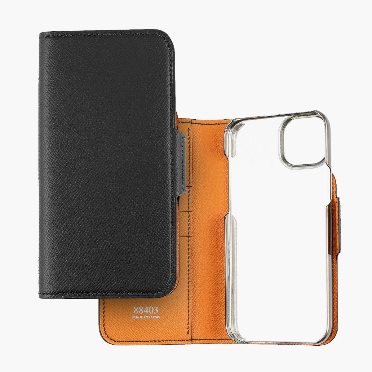 iPhone15 Plus、外装（ダービー）：Noir、内装（ダービー）：Orange、糸色：Black、フラップ（マグネット式）：有、ブランドロゴ／箔押し【Silver】