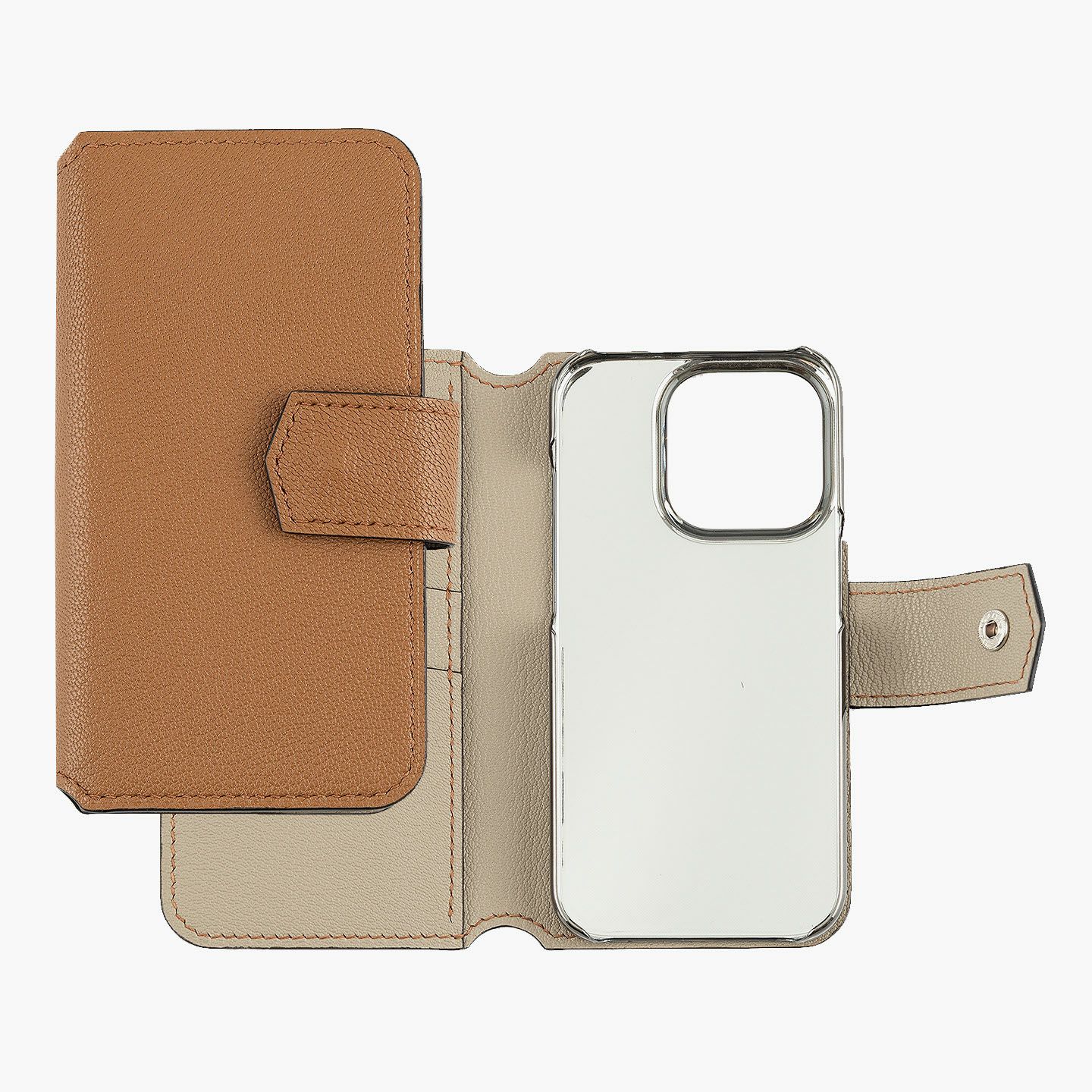 iPhoneの機種：iPhone 15 Pro、外装（シェーブル）：Camel(Gold)、外装（シェーブル）：Beige、フラップ（ホック式）：有