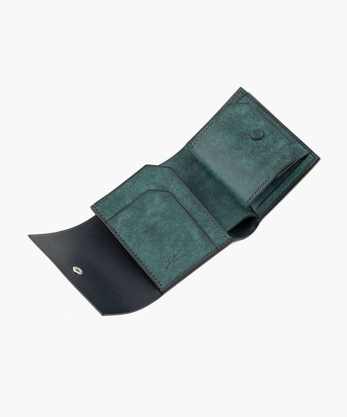 外装（プエブロ）：Petrolio、内装（プエブロ）：Petrolio、札入れ（リスシオ）：Navy、ホック：Silver、糸色：Navy