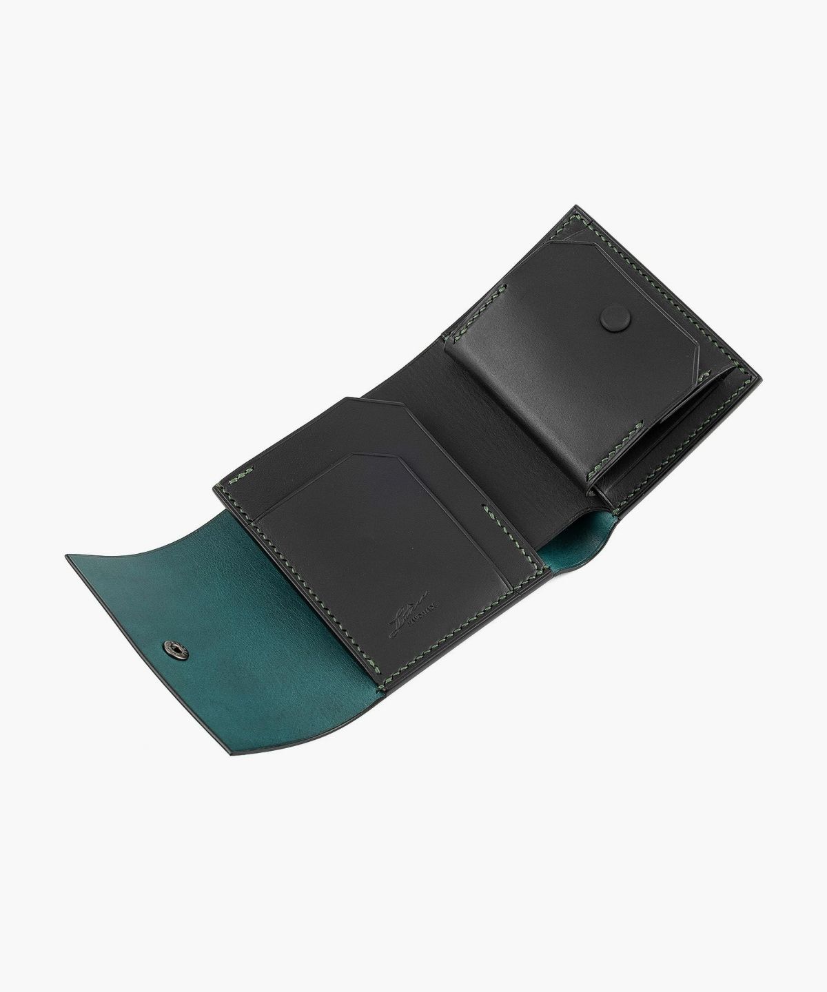 外装（リスシオ）：Black、内装（リスシオ）：Black、札入れ（リスシオ）：Hortensia、ホック：Black、糸色：Dark Gr