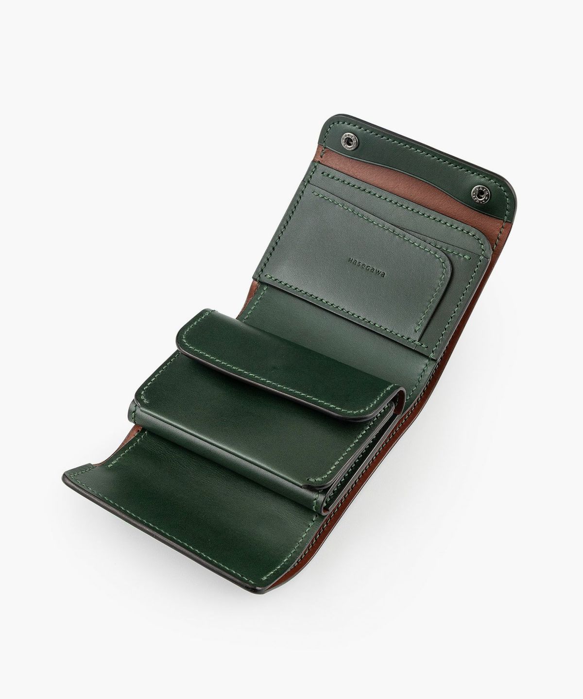 外装（ブルガロ）：Green、内装（ブルガロ）：Green、内装裏張り（ブルガロ）：Brown、糸色：Green、ホック：Black