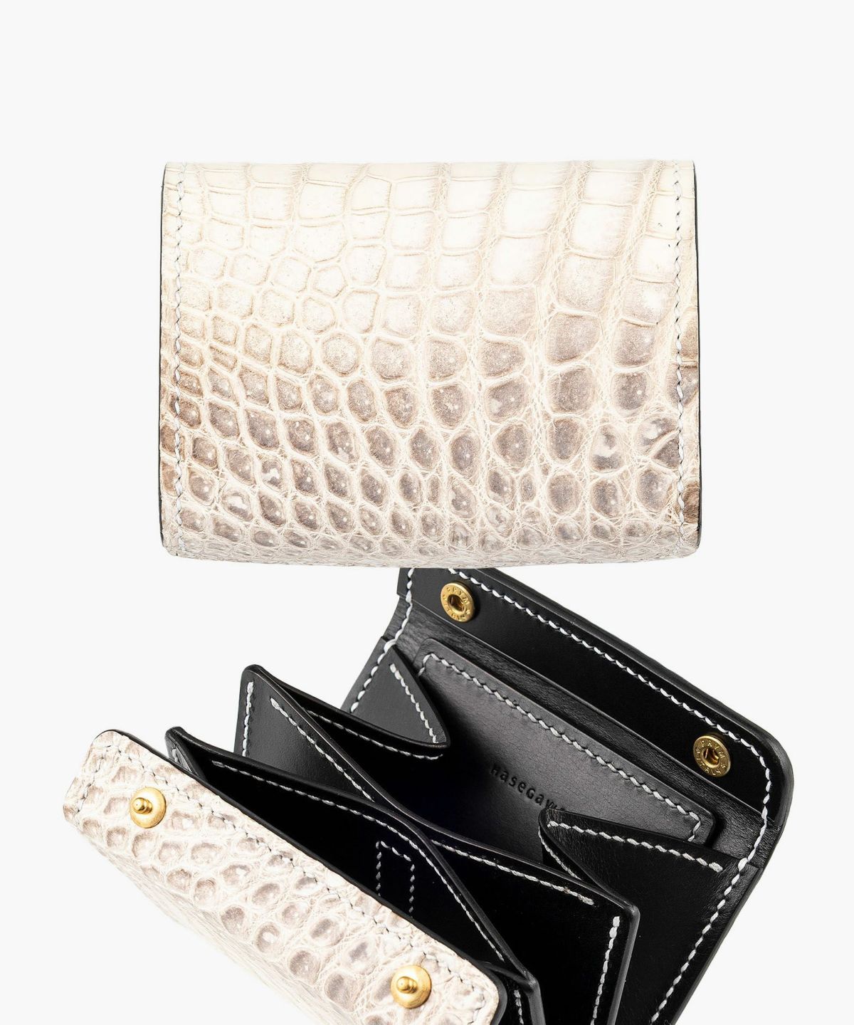 外装（ポロサス）：Himalayan、糸色：White、ホック：Gold、内装裏張り（ブルガロ）：Black、内装（ブルガロ）：Black