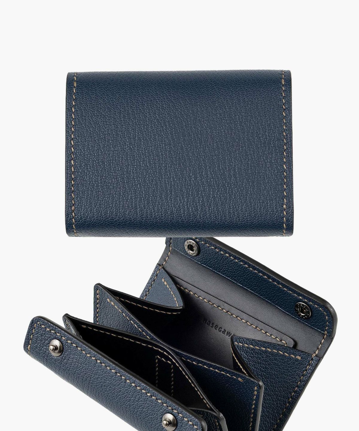 外装（シェーブル）：Navy、内装（シェーブル）：Navy、内装裏張り（ブルガロ）：Black、糸色：Khaki、ホック：Black